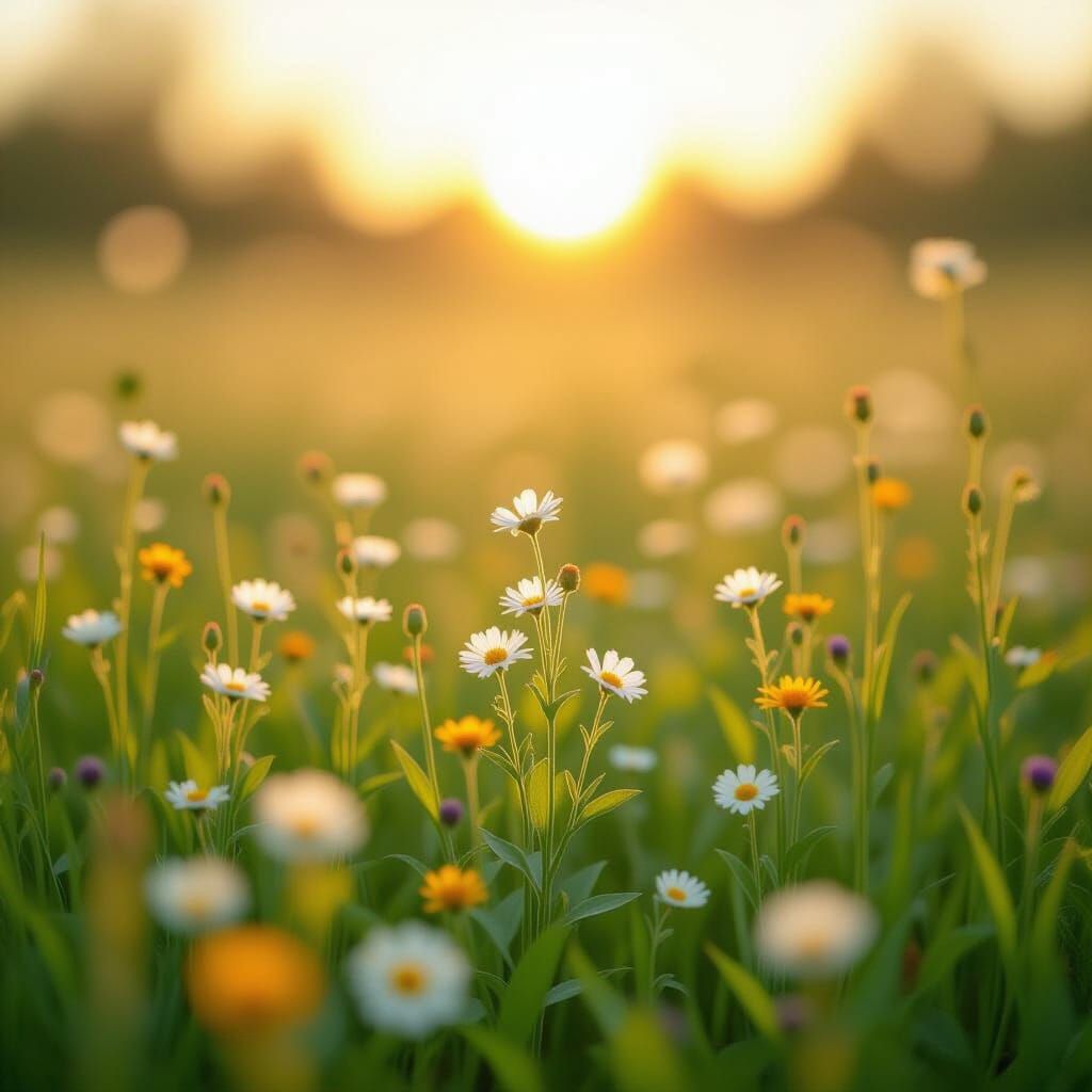 Hyperrealistic Meadow Painting with Wildflowers and Soft Lig...