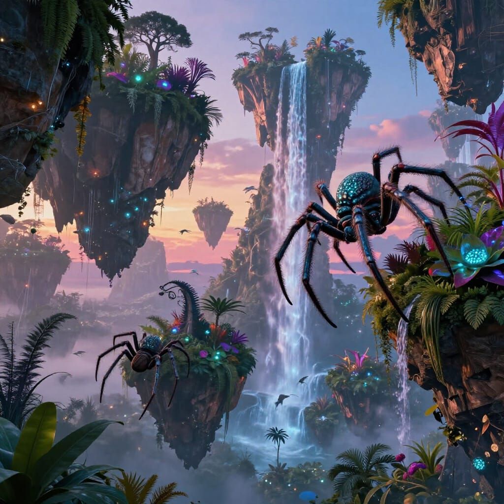 Alien Floating Islands with Giant Jumping Spiders