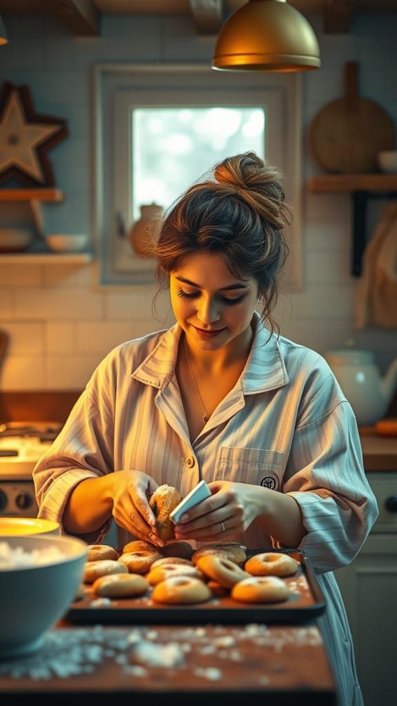 Cozy Kitchen Scene: Woman Baking Cookies