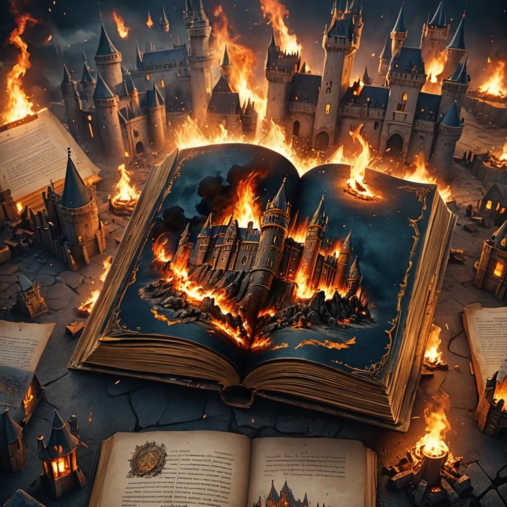 Fiery Medieval Castle Scene on Antique Book