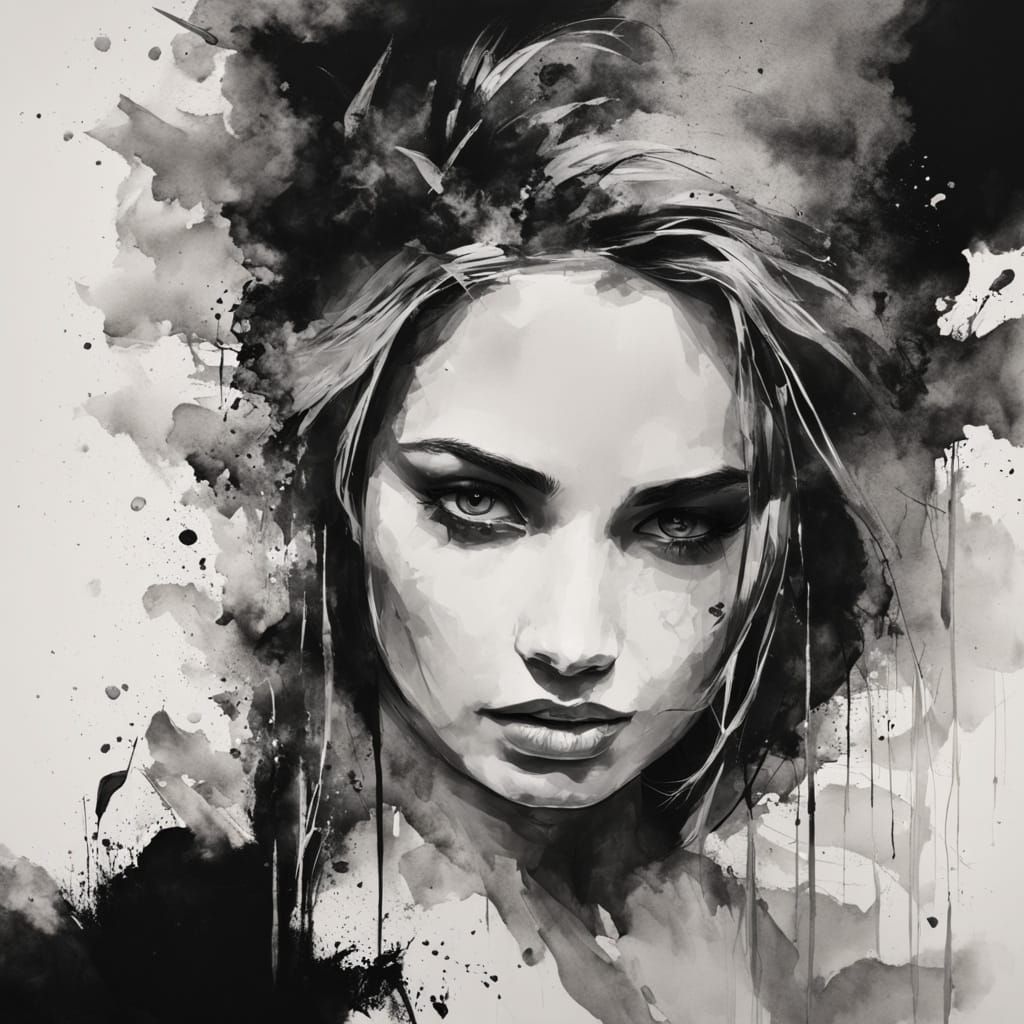 Hauntingly Expressive Female Portrait in Ink and Coal