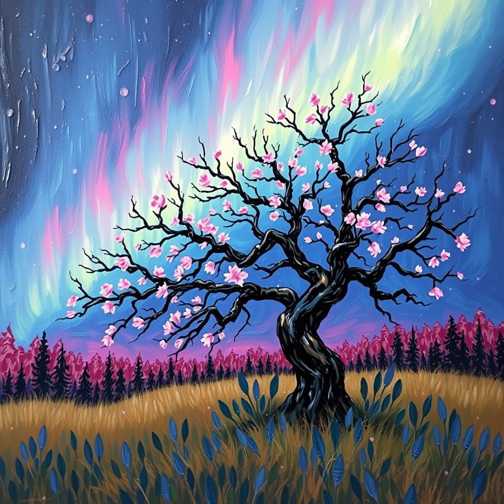 Ancient Pink Flowering Tree Under Aurora Borealis