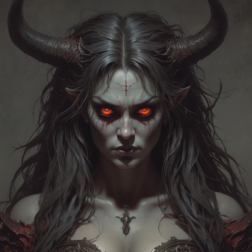 Demon Woman with Red Eyes in Dark Fantasy Style