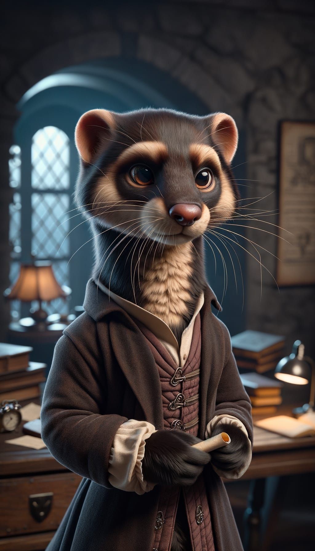 Anthropomorphic Sable Were-Ferret Scholar in Medieval Study