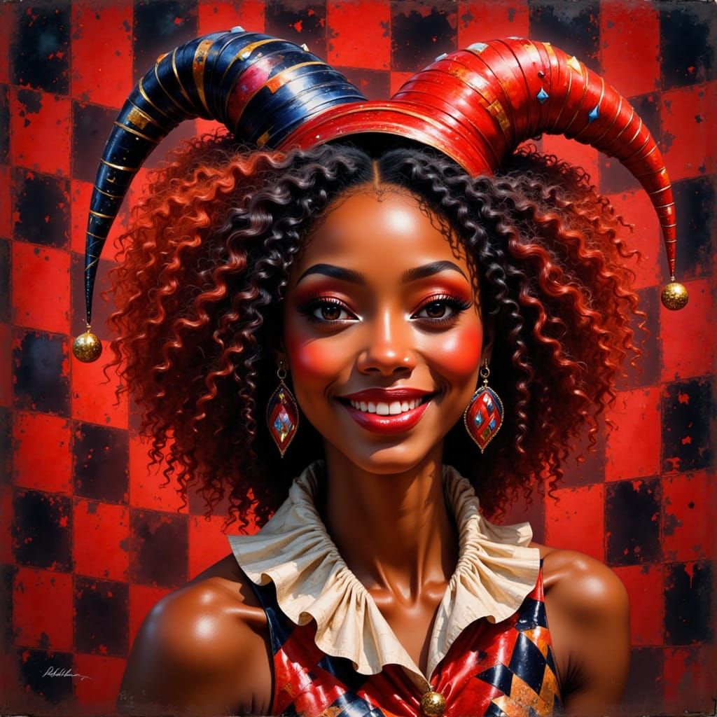 Pixar-Style Black Woman in Harlequin Costume with Impression...