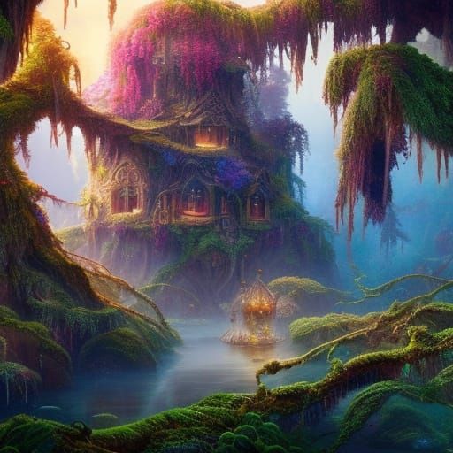 Enchanted Fairy Cottage in Gnarled Tree, Digital Painting