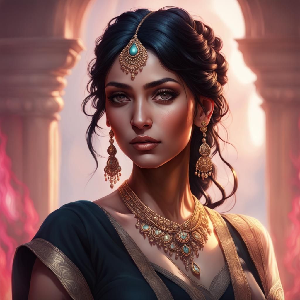 Detailed Portrait of Indian Princess in Art Nouveau Style