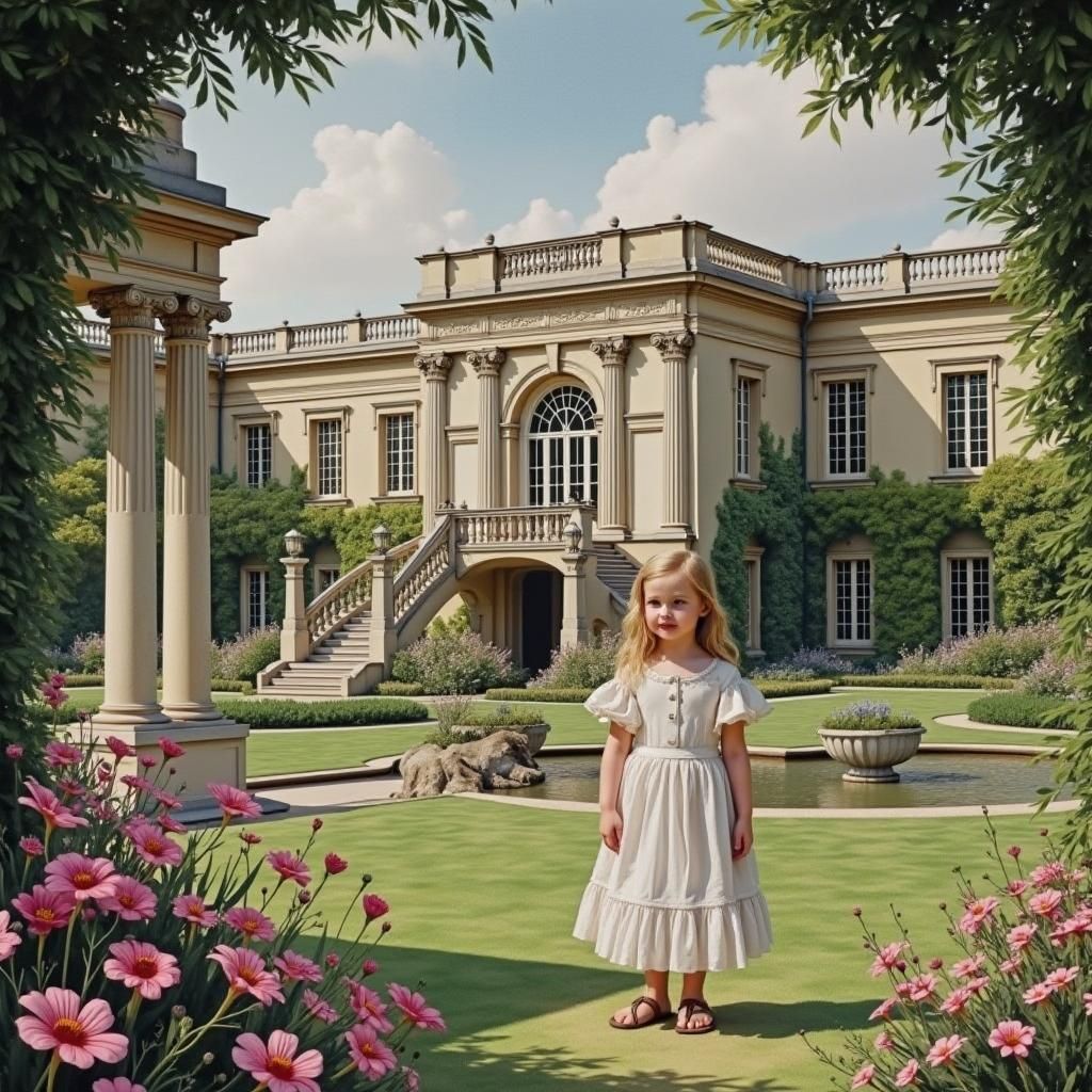 Watercolor Painting of Girl in Palladian Garden