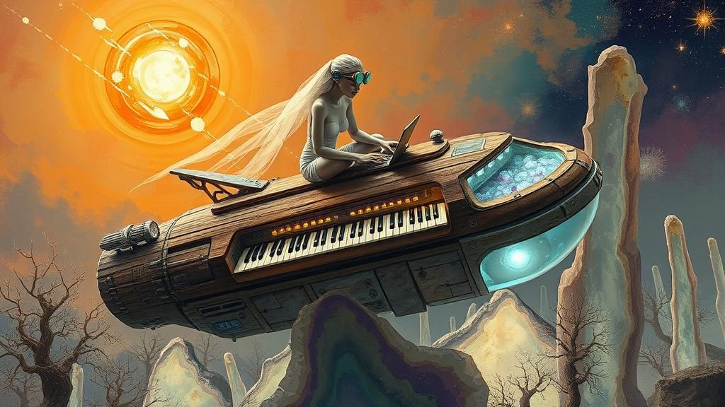Ethereal Figures Compose Melodies in Sunset Galaxy