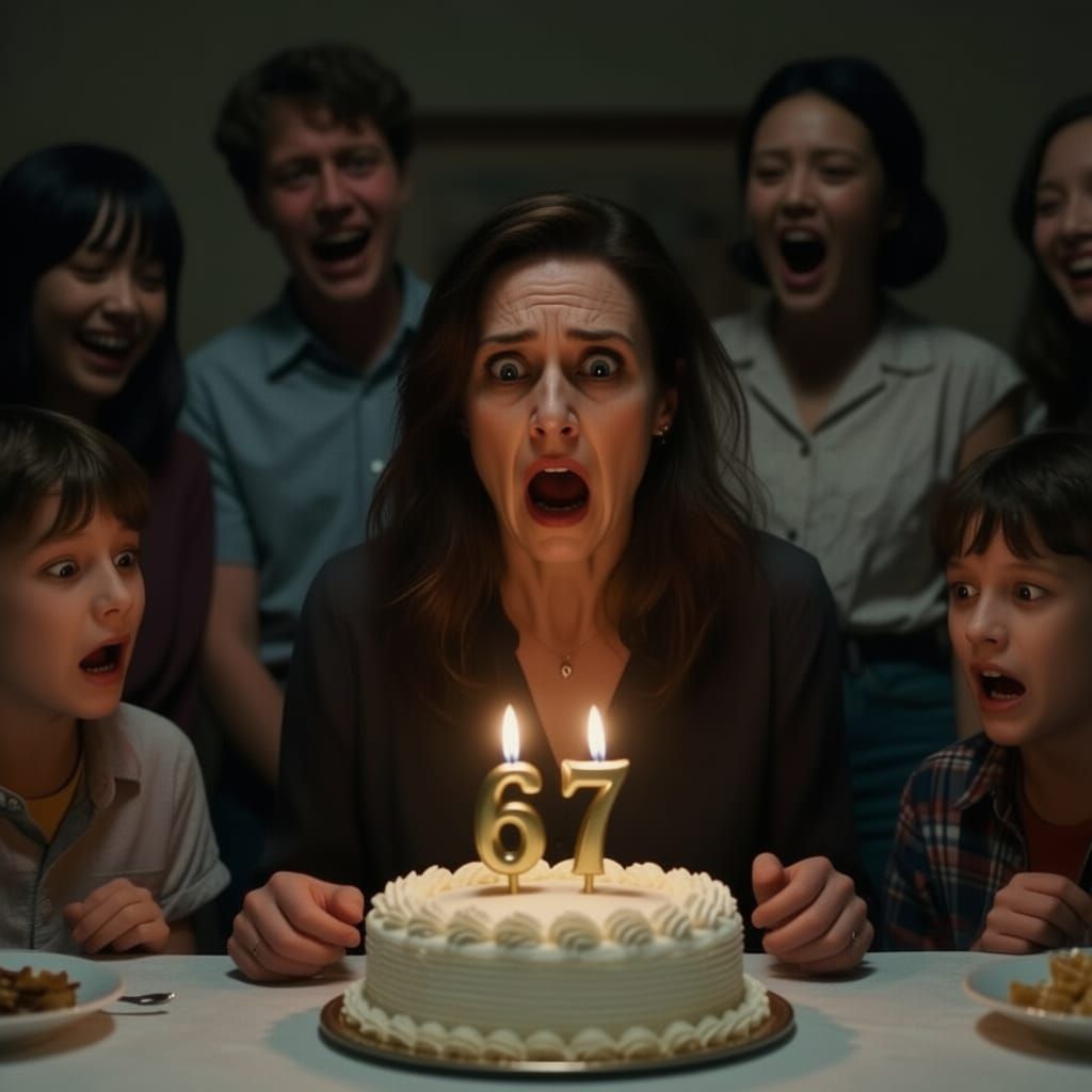 Horrified Woman Faces 67th Birthday Cake with Laughing Grand...