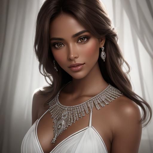 Sensual Brunette in White Bikini, Hyperrealistic Portrait