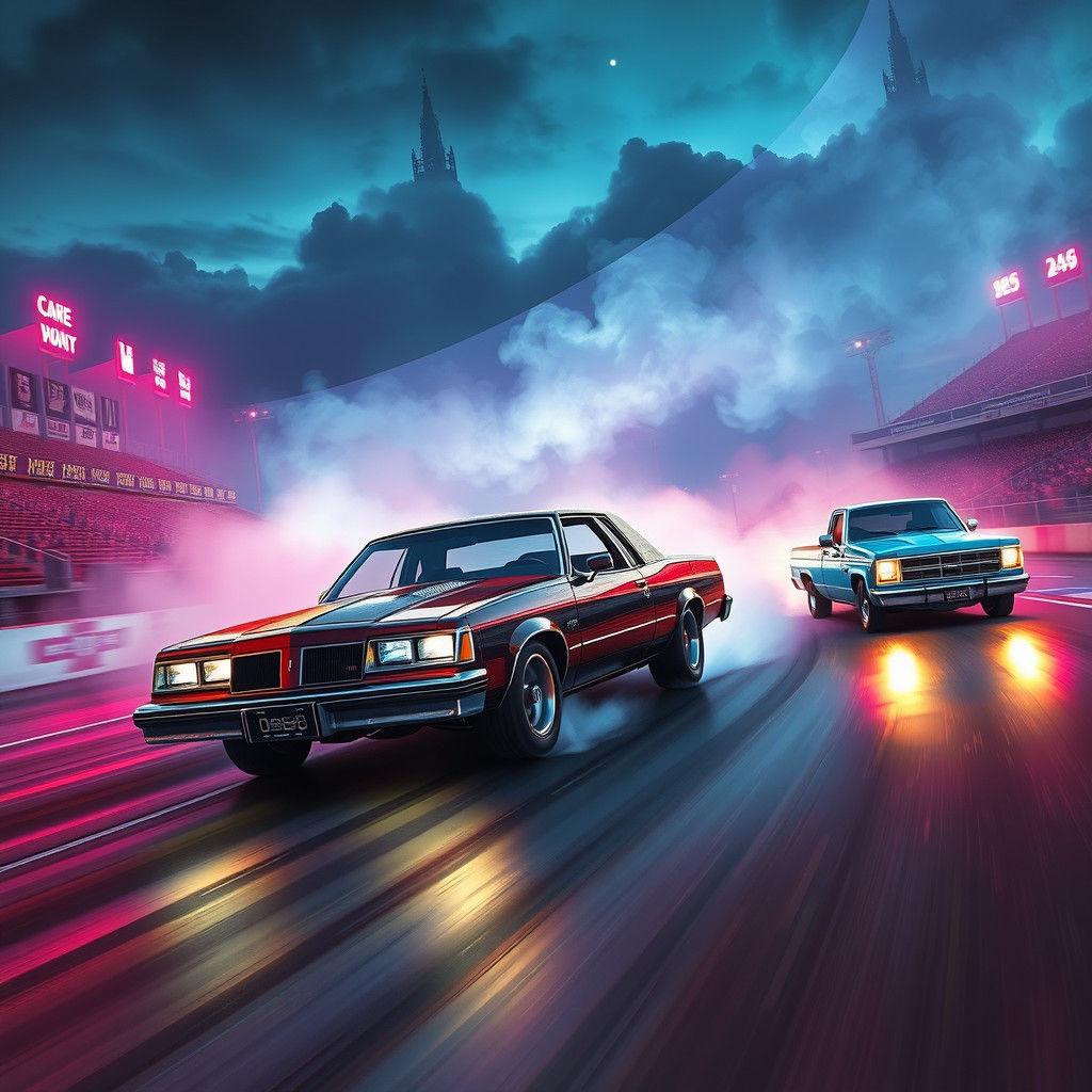 Cars Racing on Neon Lit Drag Strip in Retro-Futuristic Style