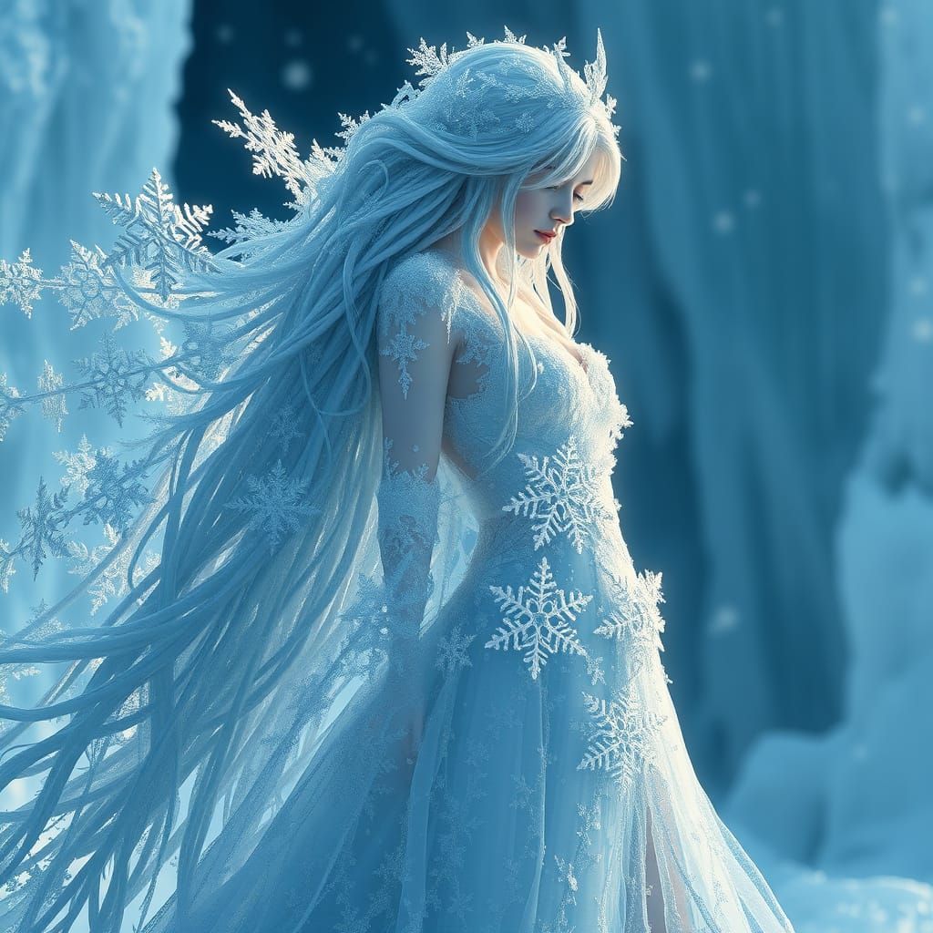 Ethereal Ice Goddess in Serene Winter Landscape