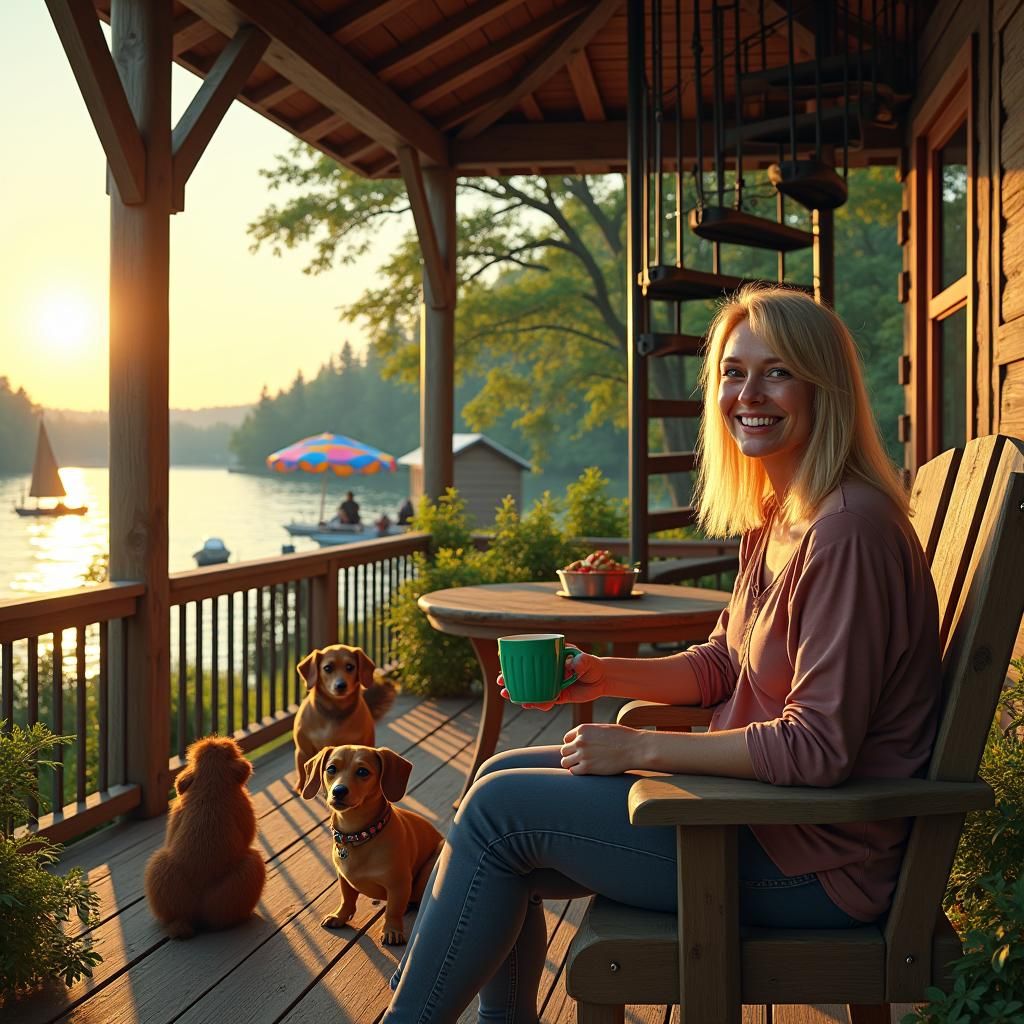 Lakefront Cottage Scene with Woman and Dachshunds
