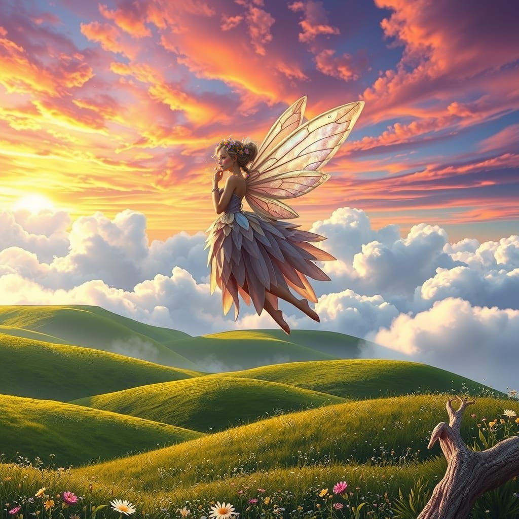 Enchanted Fairy Soars Above Vibrant Sunset Landscape