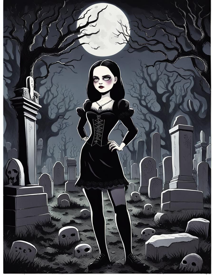 Wednesday Addams in Graveyard with Severed Head