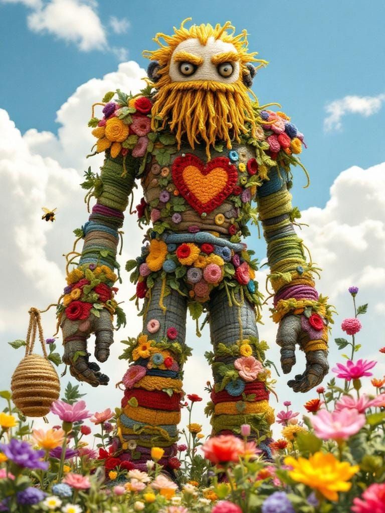 Macrame Golem Oversees Crochet Flower Garden