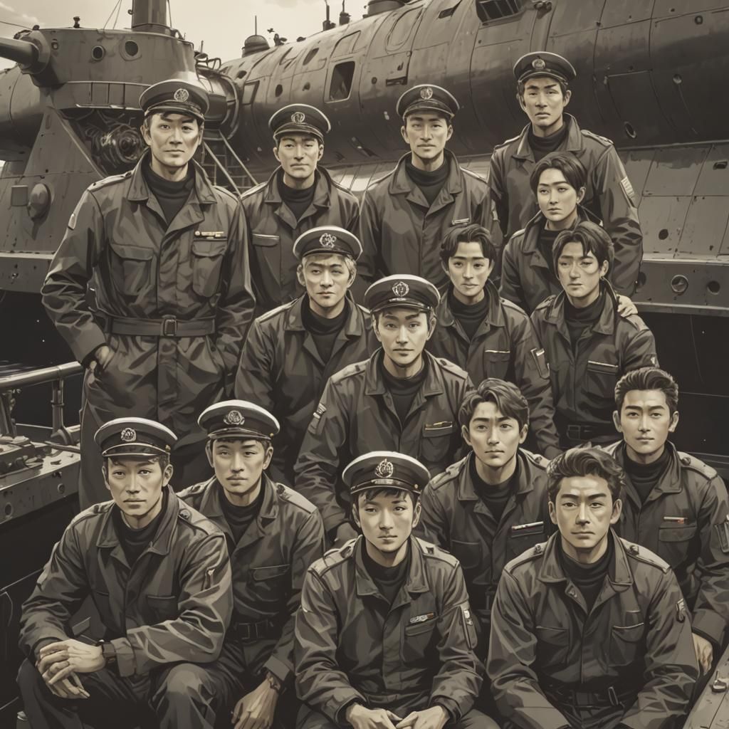 Anime Submarine Crew in Cel-Shaded Manga Style