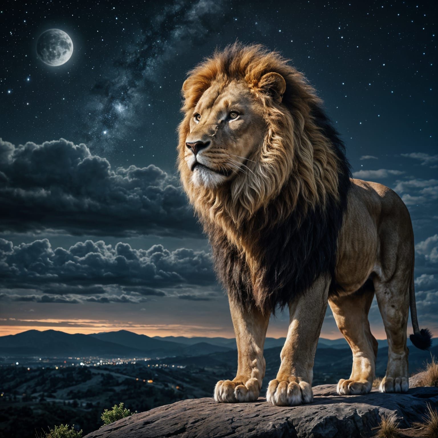 Majestic Lion Under Night Sky in Hyperrealistic Style
