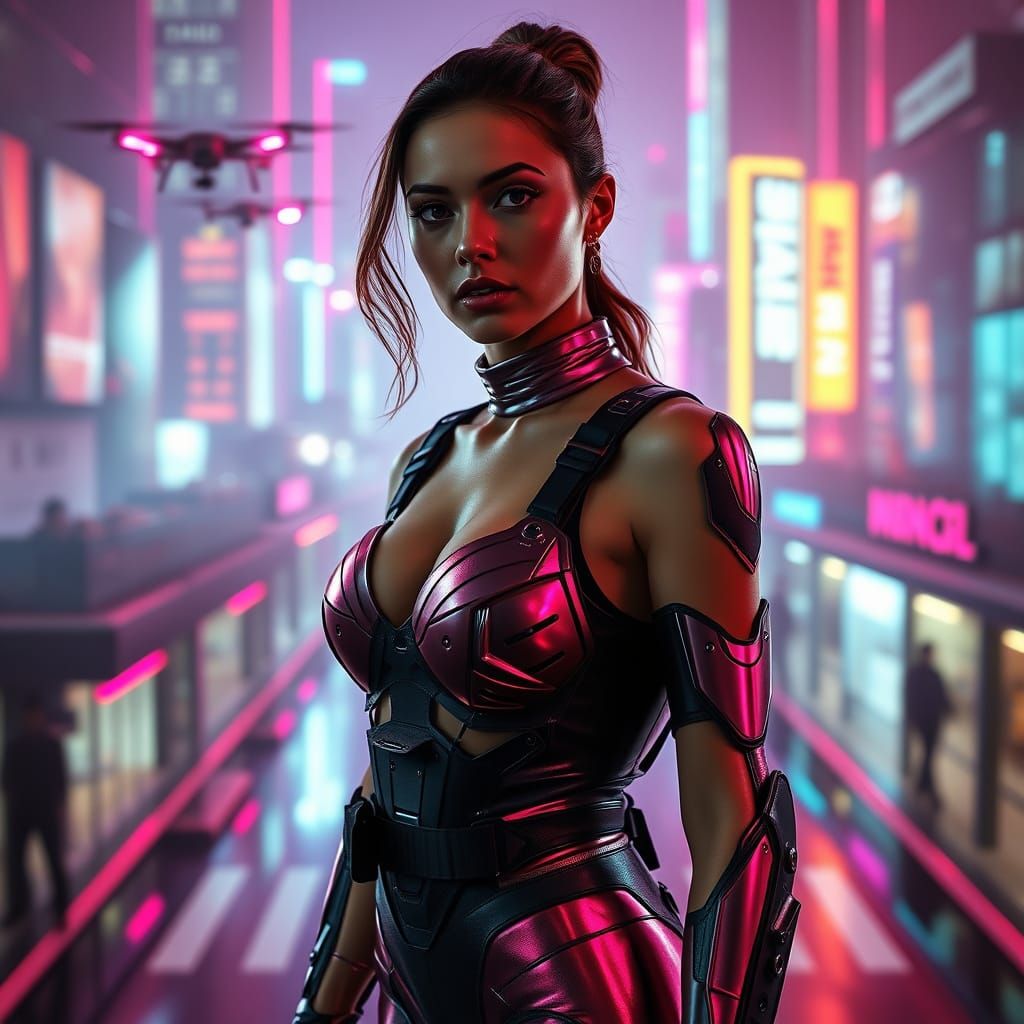 Cyberpunk Woman in Futuristic Cityscape