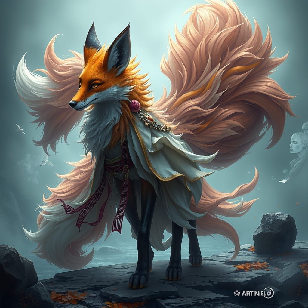 Majestic 9-Tailed Fox in Dreamlike Landscape