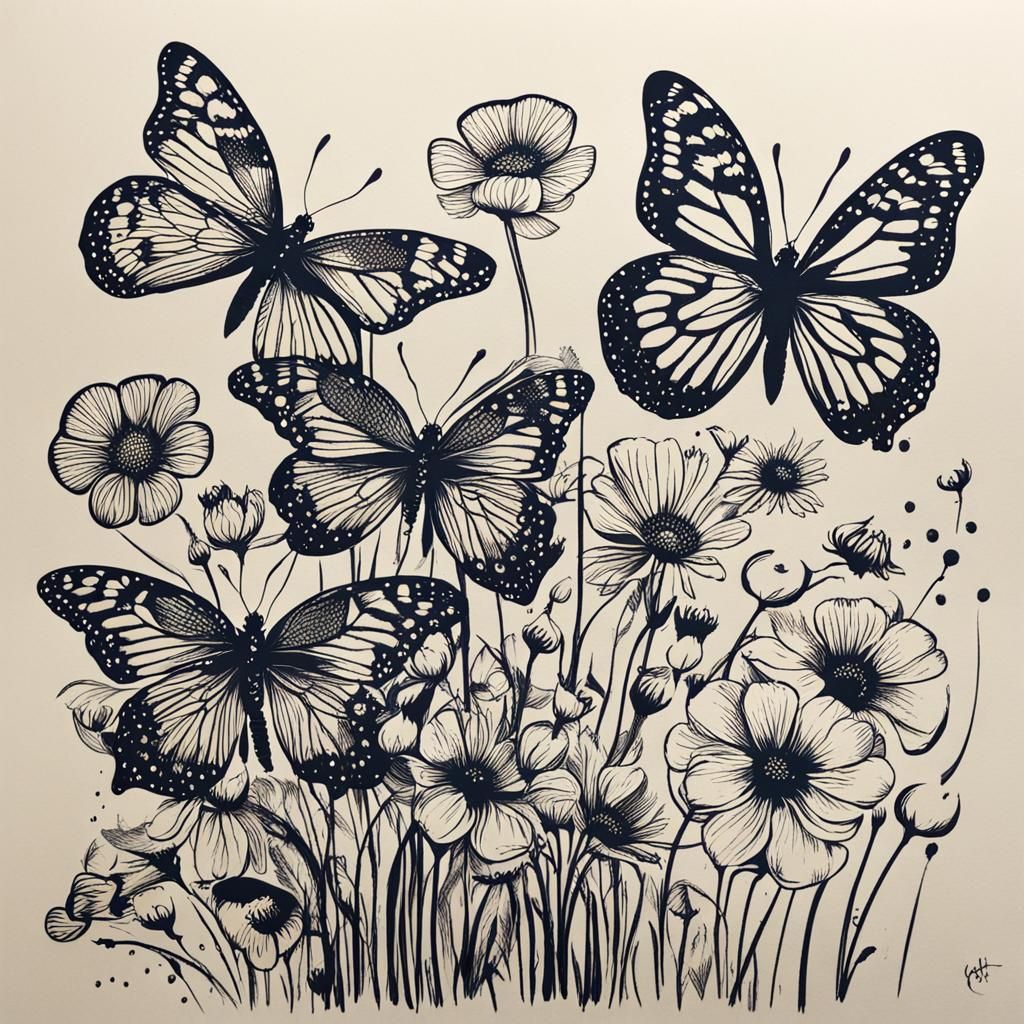 Flowers and Butterflies in Screen Printing Style