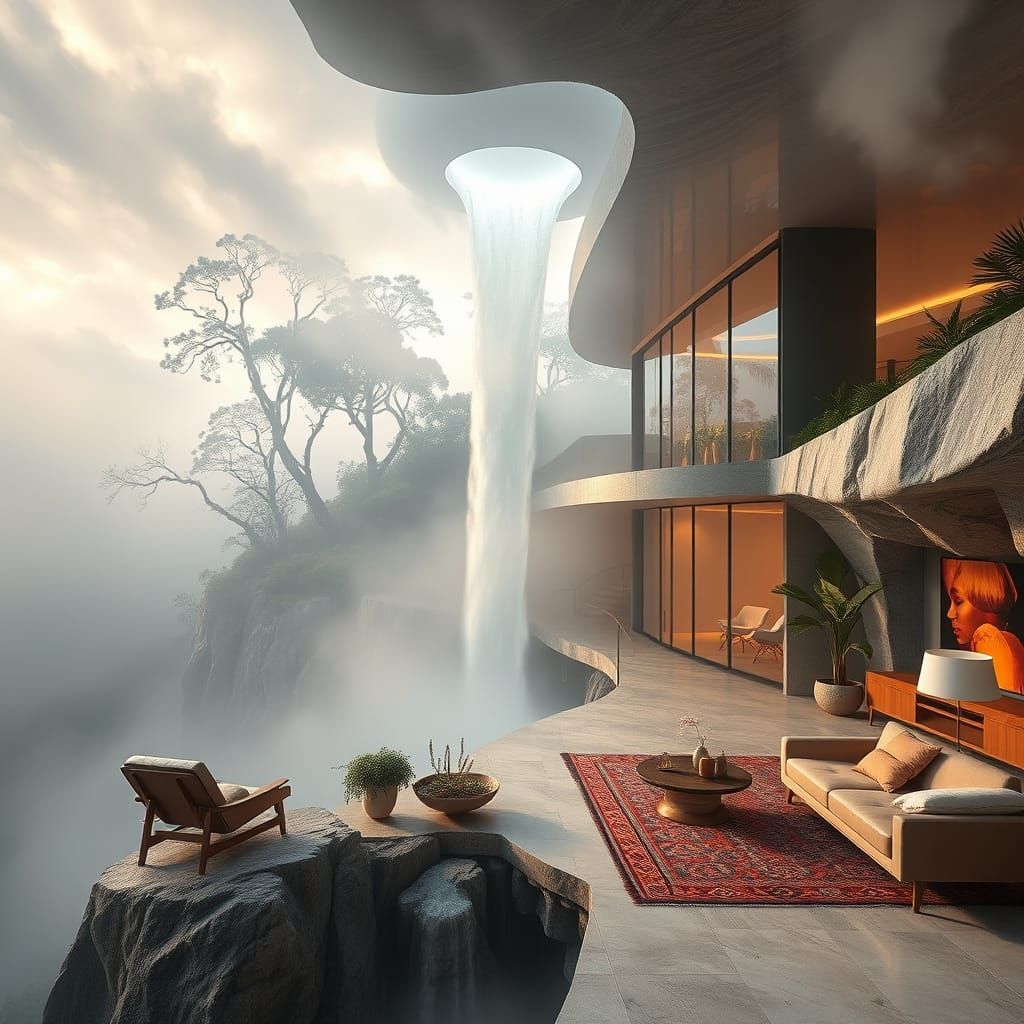 Modern Cliffside House with Interior Waterfall