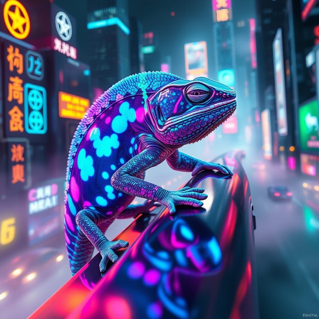 Cyberpunk Chameleon in Neon Cityscape