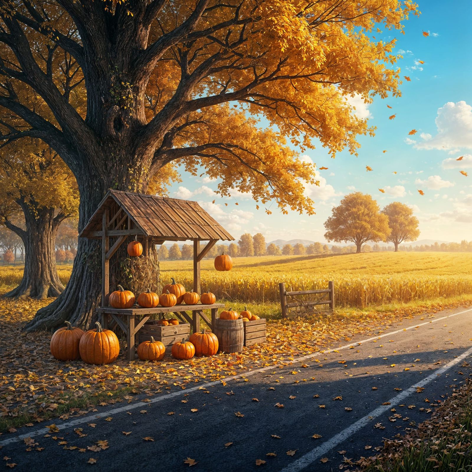 Autumn Harvest Scene with Farmer's Stall and Golden Fields
