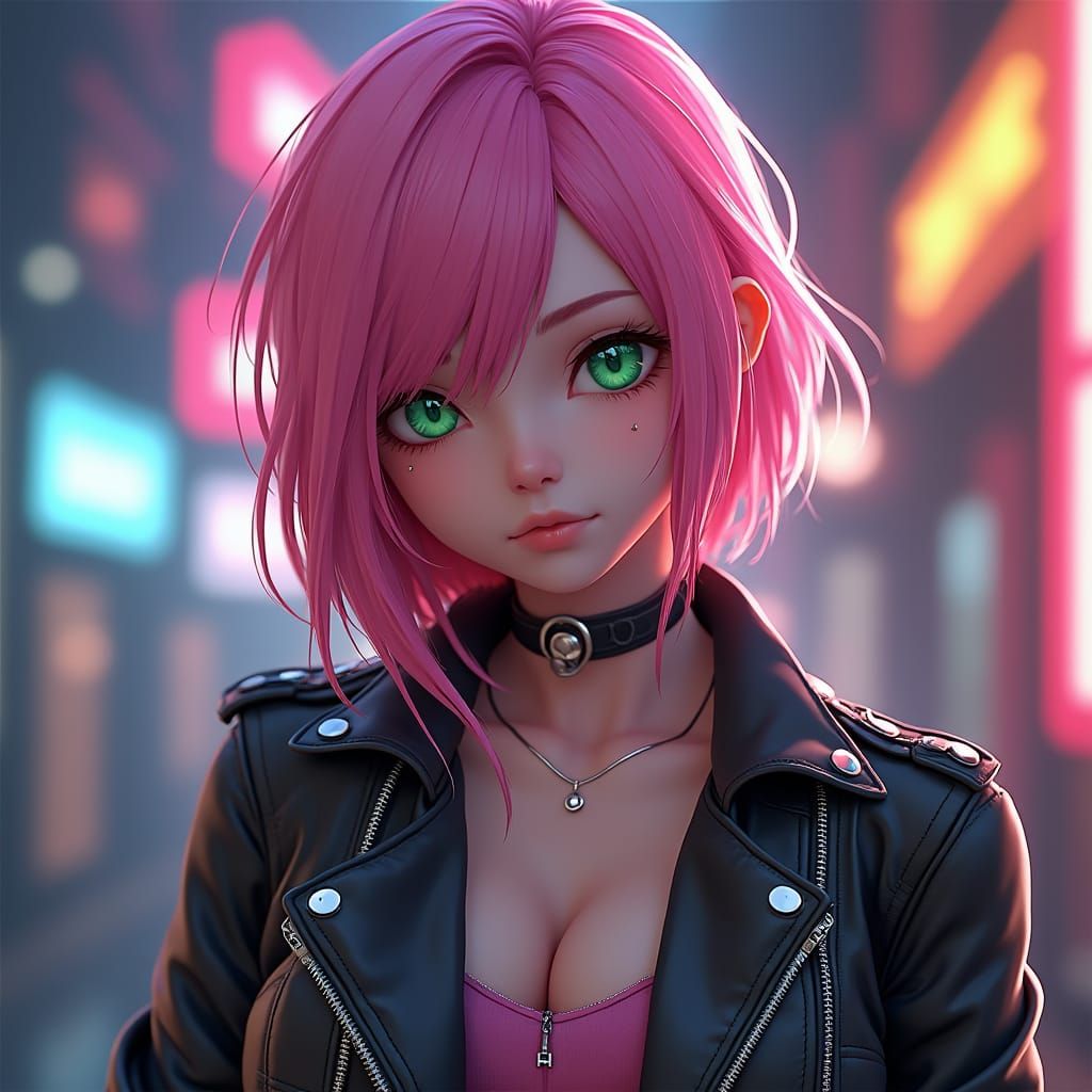Pink Haired Woman in Leather Jacket: 3D Anime Art