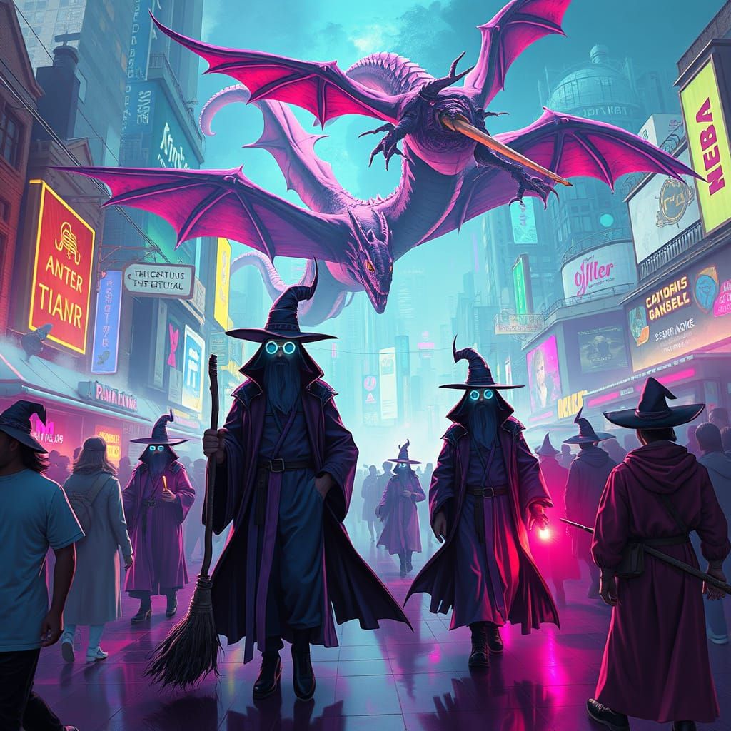 Neon Wizards in Retro-Futuristic Cityscape