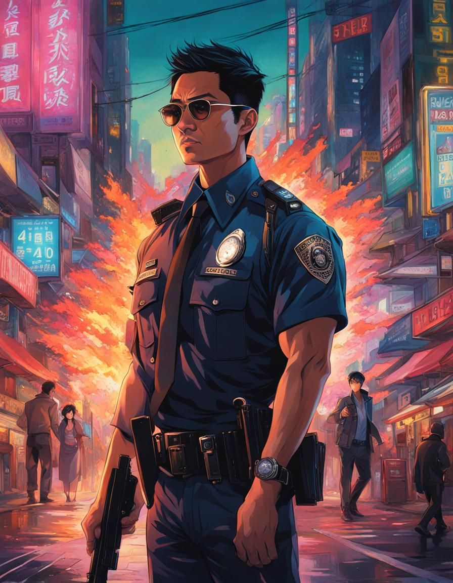 Shirtless Asian Detective in Cyberpunk City