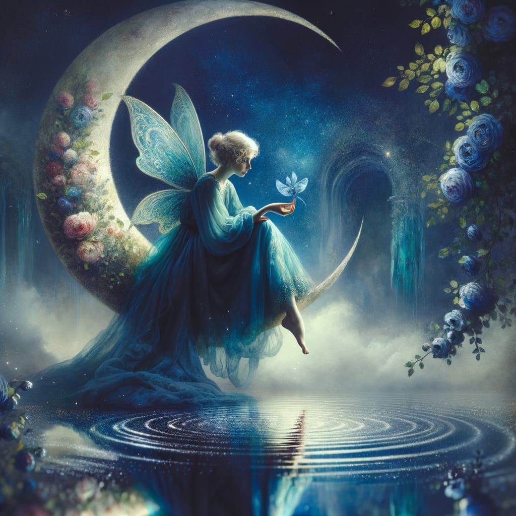 Ethereal Blue Fairy on Crescent Moon Over Serene Pond