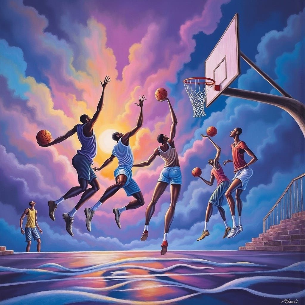 Ethereal Basketball Players in Dreamlike Arena