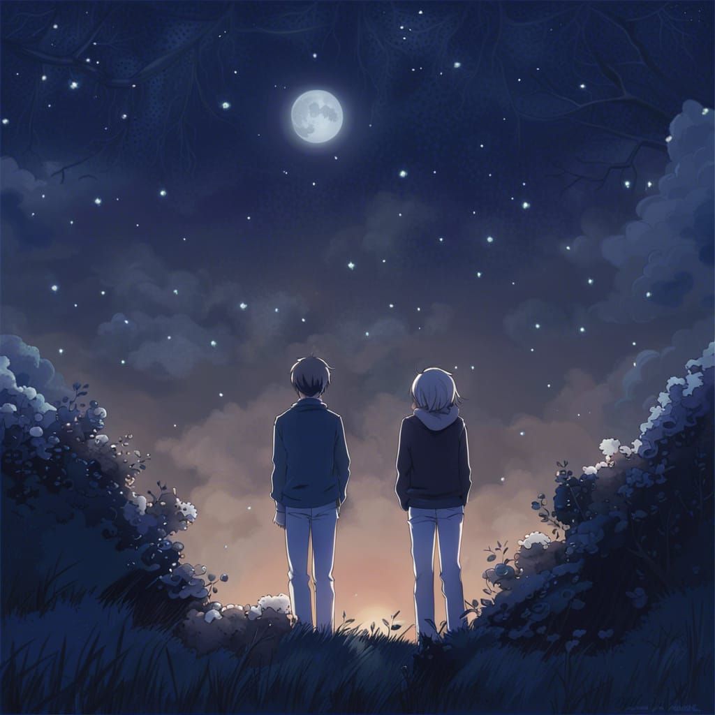 Romantic Anime Couple Under the Full Moon
