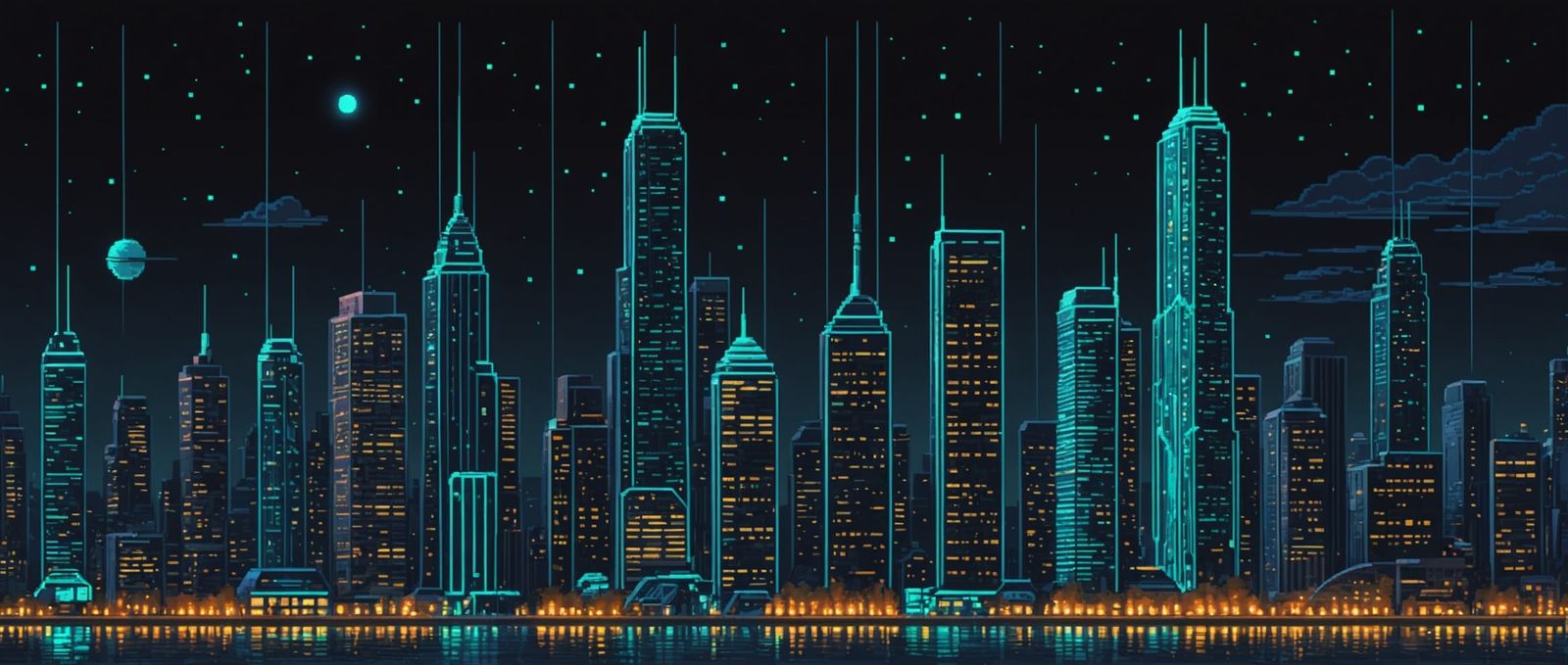 Bioluminescent Cityscape in Pixel Art Style