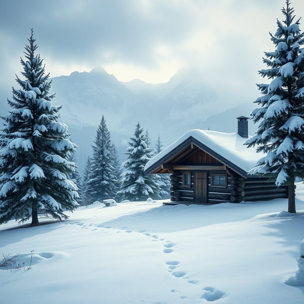 Photorealistic Snow-Frosted Log Cabin in Swiss Alps