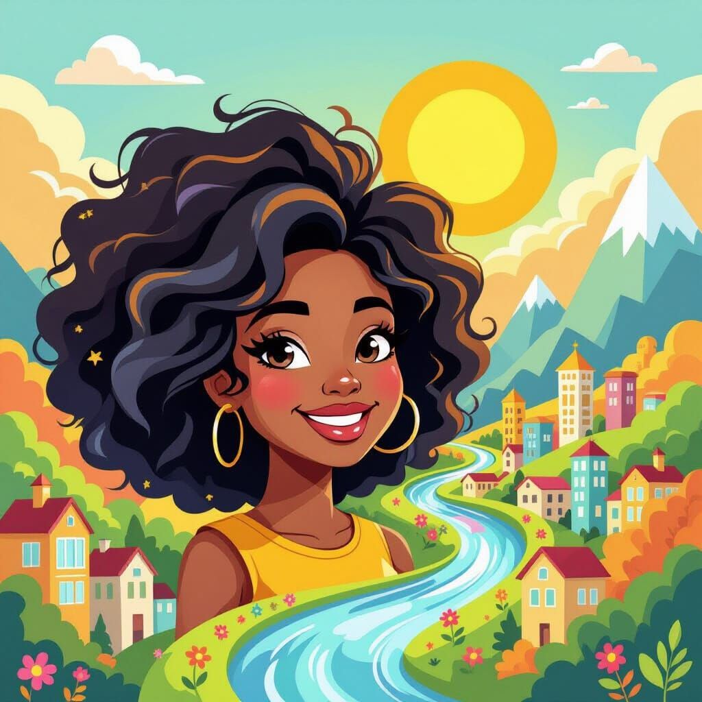 Smiling Woman with Rivers in Hair, in Cartoon Style