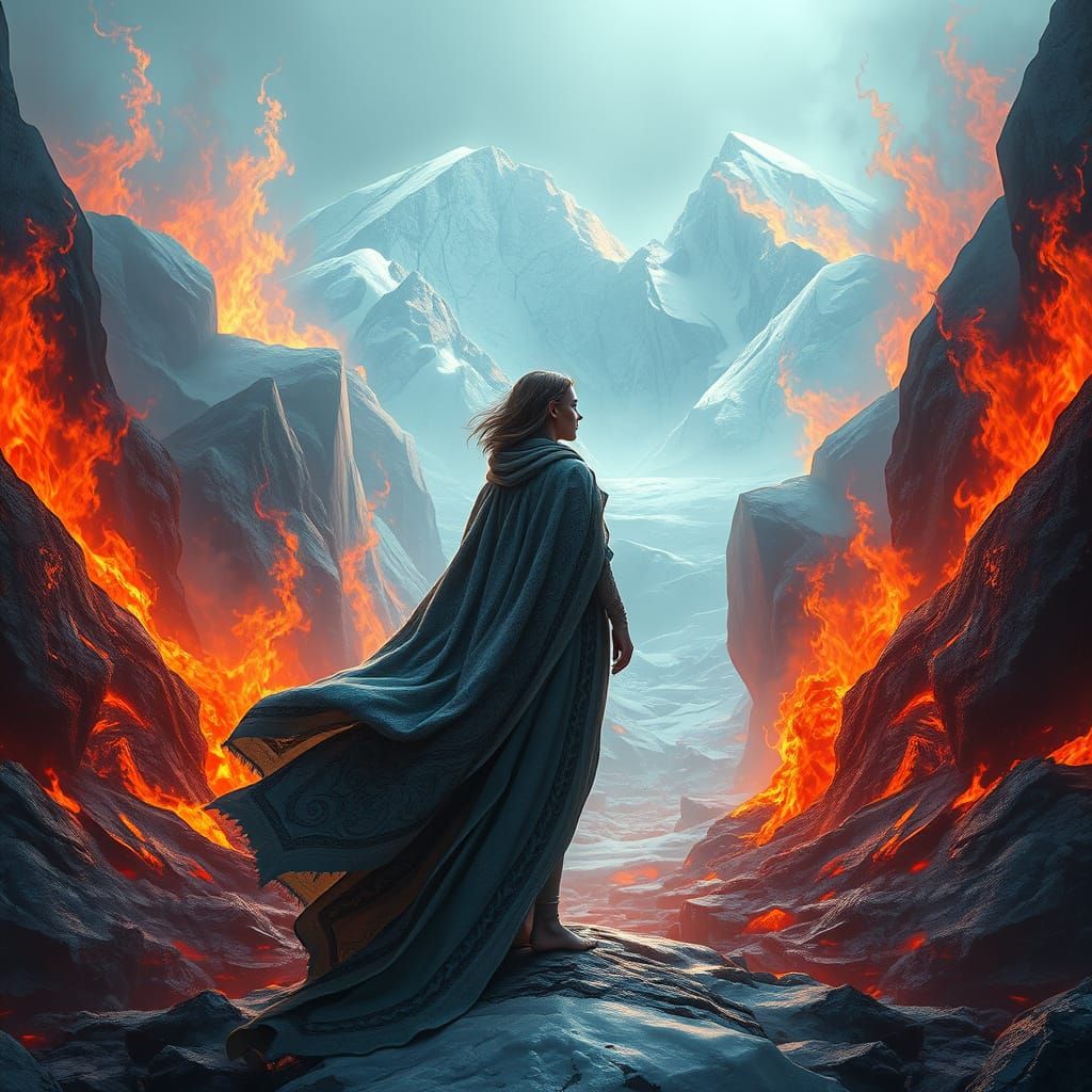 Woman Between Fire and Ice in Mystical Realism Style