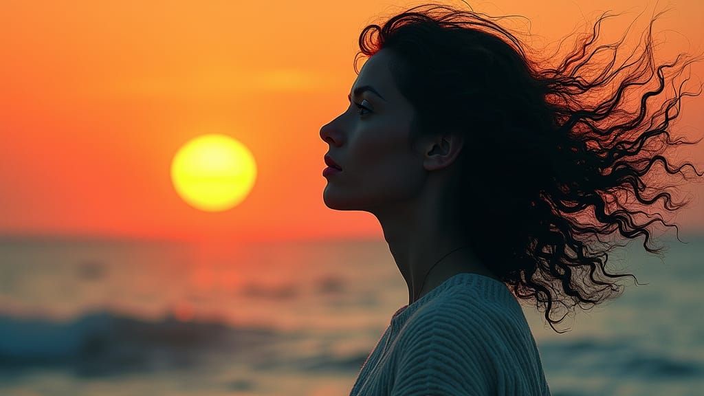 Woman's Silhouette at Sunrise in Japanese Art Style