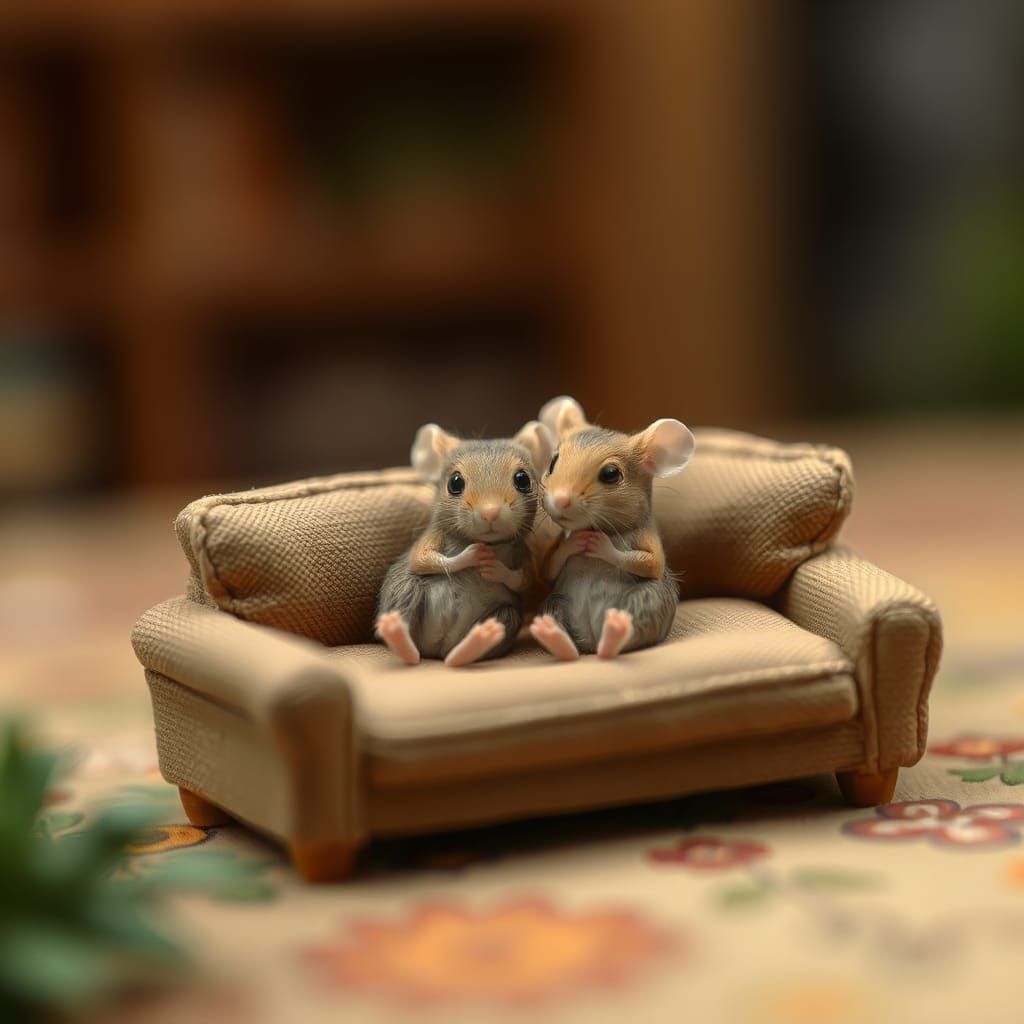 Mouse Couple Cuddling on Tiny Couch