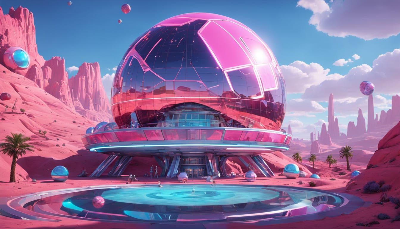 Glowing Mechanical Sphere Floats Above Enchanted Pink Desert