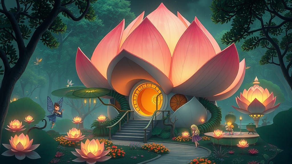 Futuristic Lotus Teahouse in Ghibli Style