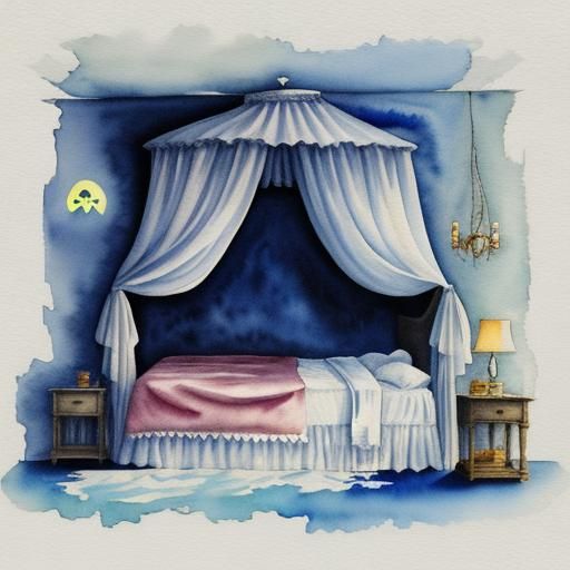 Scared Ghost Hides Under Bed in Watercolor Style