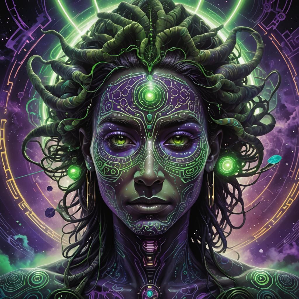 Mystical Figure Reveals Data Orb in Surreal Portrait