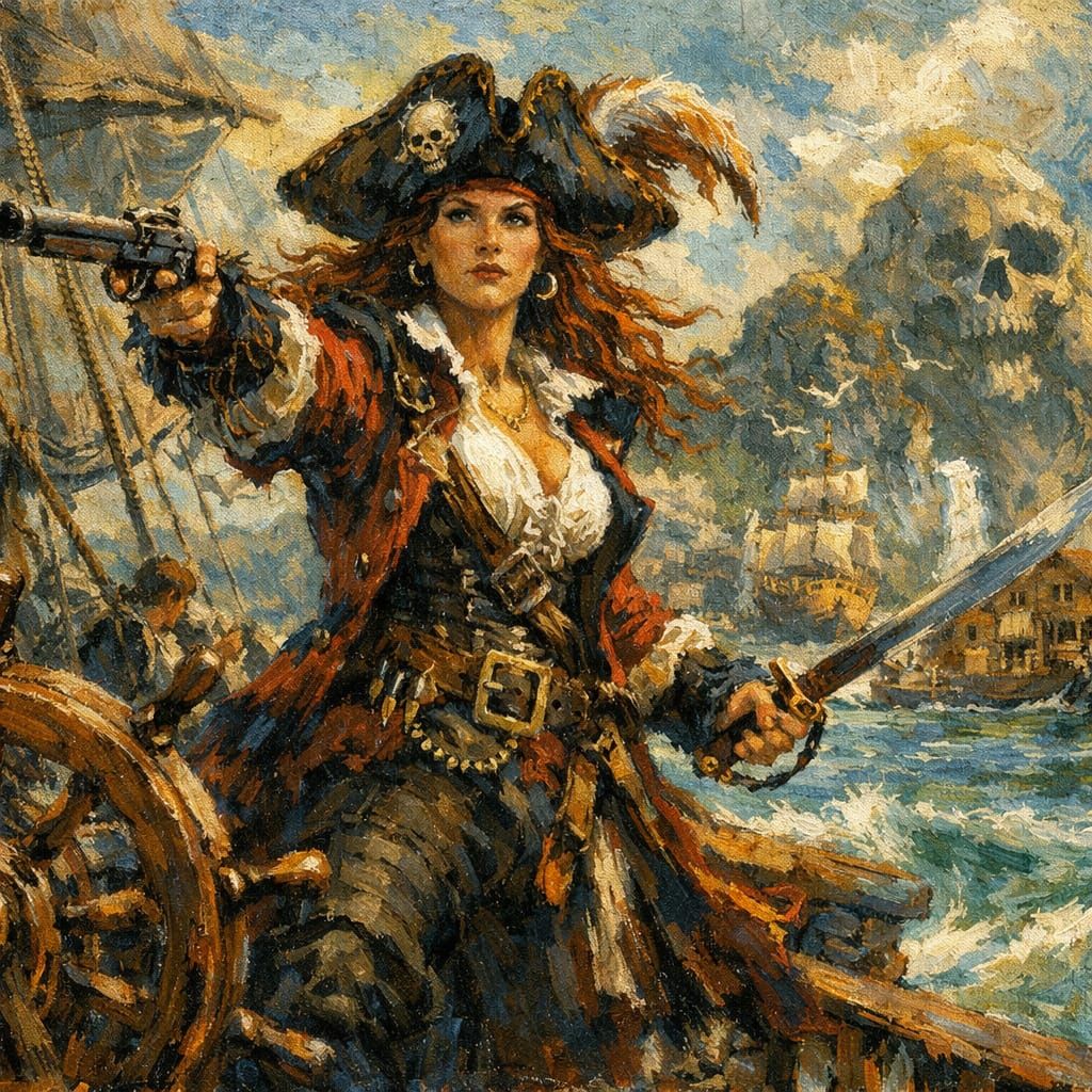 Pirate Captain Commanding Ship in Caribbean Bay