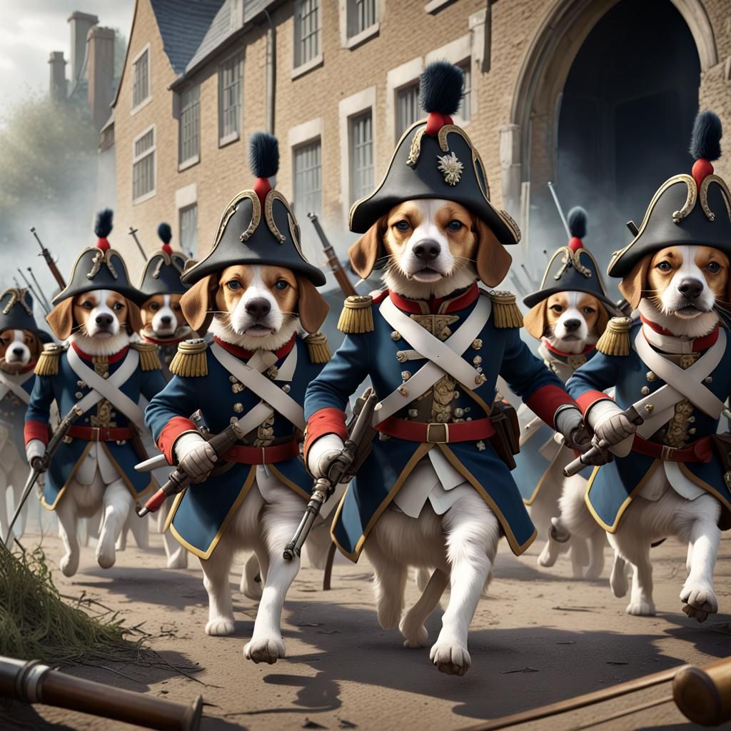 Beagles and Cats Battle as 1700s Soldiers