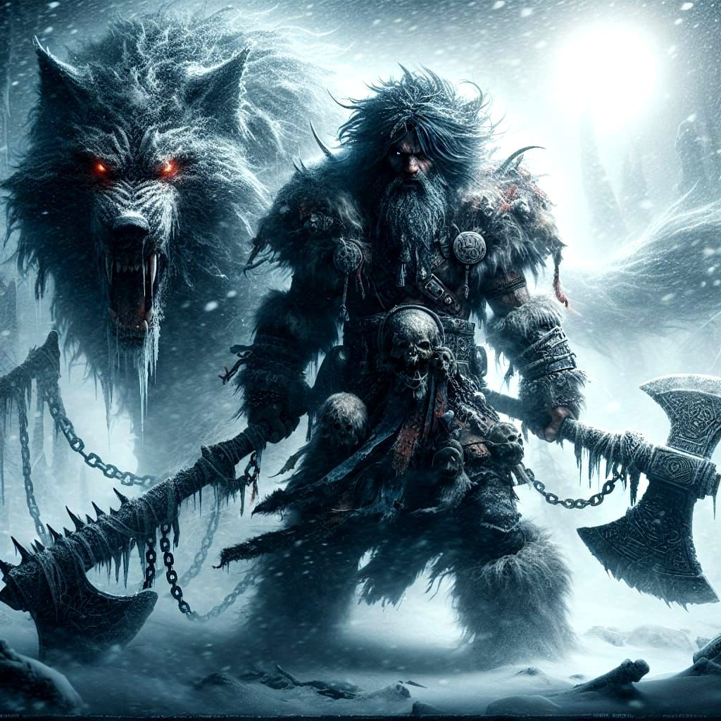 Fierce Hispanic Viking Warrior Faces Fenrir in Icy Blizzard