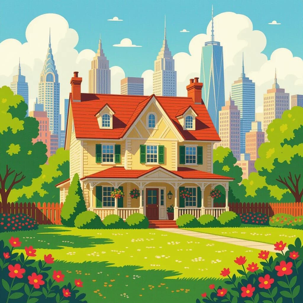 Charming Colonial House with City Skyline Backdrop