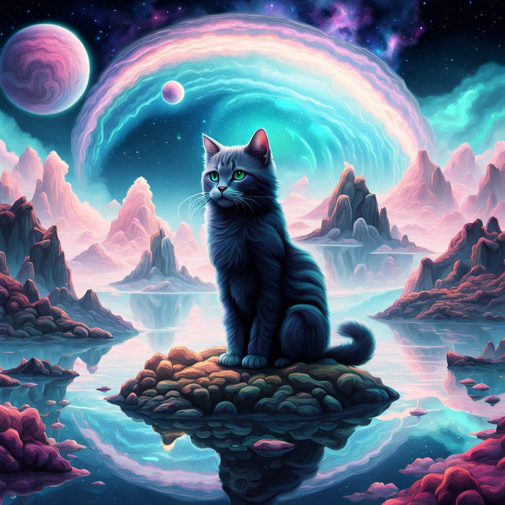 Fluffy Cat with Galaxy Eyes on Obsidian Island in Nebula